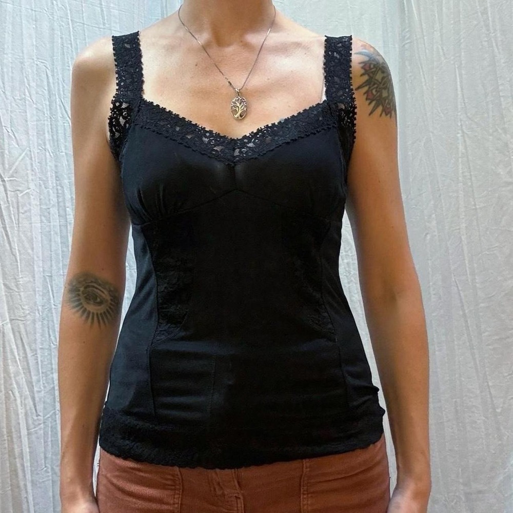 BISOU BISOU Black Lace and Mesh Cami Tank Top Medium Goth Y2K Intimates VG